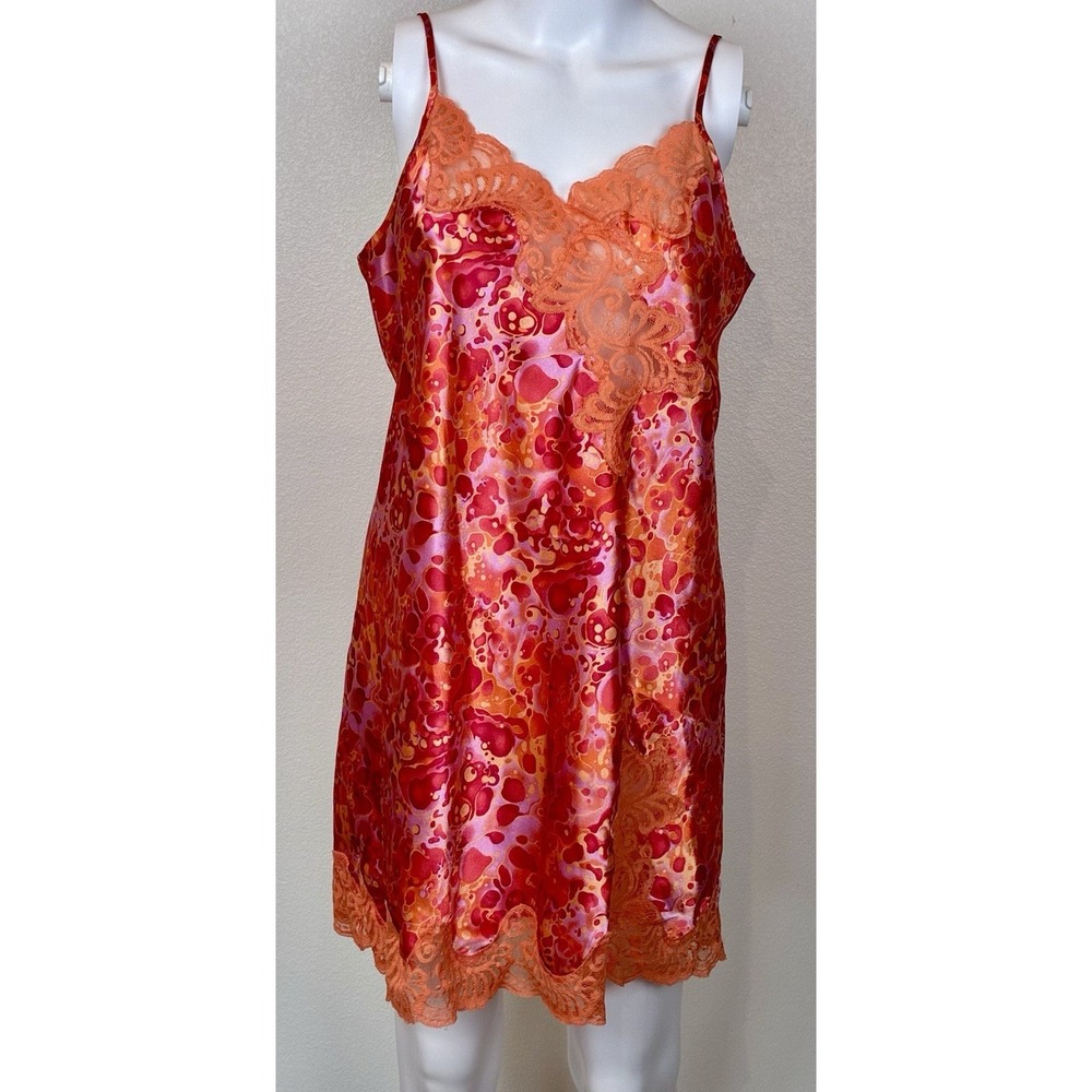 Valerie Stevens Whimsical Fairy Satin Lace Slip Dress Size M Orange Pink Sexy